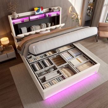Cama Doble Tapizada Con Iluminación Led, Carga Usb Type-c, Cabecera De Almacenamiento Y Almacenamiento Hidráulico, 140x200 Cm, Beige, Sin Colchón