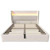 cama hidraulica 140x200 cm - cabezal alto con led almacenamiento puertos usbtype-c - beige