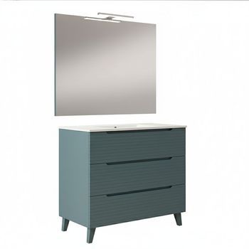 Kibath Mueble De Baño Con Lavabo, Espejo Y Aplique Led Boreal 100x45 Cm Acabado Azul Oceano Mate 3 Cajones Con Patas