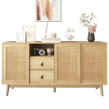 Aparador Con Cajones - Mueble De Salón - Mdf Y Ratán - Madera (155x38x80cm)