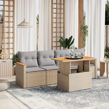 Juego De Sofás Jardín Con Cojines 5 Uds | Conjunto Mueble Jardin Mesa Y Sillas Ratán Sintético Beige Cfw81069