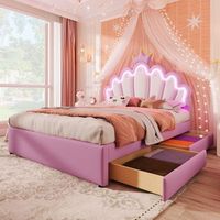 cama tapizada de 140 x 200 cm con cabecero regulable y 2 cajones - led - piel sintetica - rosa sin colchon