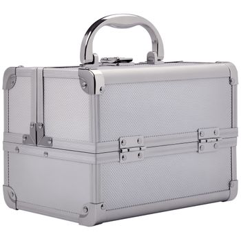 HOMCOM Maletín para Maquillaje Estuche Portátil con Bandejas de 3 Niveles y Espejo para Joyero Manicura 20x15x15 cm Plateado   Aosom España