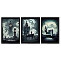 burton style illustrations of monuments and cities inspired by burtons dark and goth art interior design and decoration set collection 12 nacnic