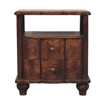 Mesita De Noche De Madera Maciza, Estilo Artesanal, Con 2 Cajones Y Estante Abierto, Color Castaño.