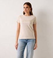 guess para mujer w6gi08k3023 camiseta con logo de lentejuelas beige s casual algodon manga corta