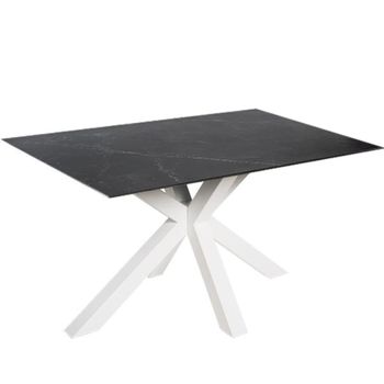 Mesa comedor porcelánica 160 cm patas blancas tapa negra.