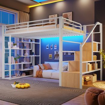 Cama Alta Infantil Blanca De Metal Y Mdf, 140 X 200 Cm, Con Escalones Y Led