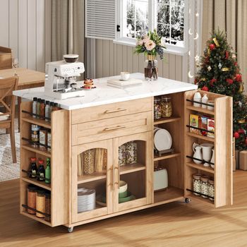 Carrito De Cocina De 120x45(70)x90cm, Tapa Plegable, 5 Ruedas, Estante Para Especias, Color Natural.