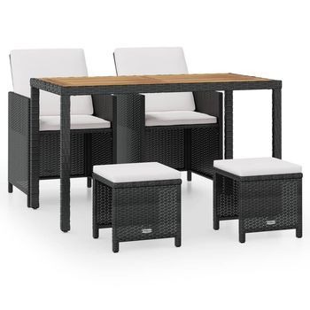 Set Comedor De Jardín 5 Piezas | Mueble De Jardín Ratán Sintético Y Madera Negro