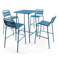 mesa de bar y 4 taburetes altos de metal azul pacifico palavas - oviala