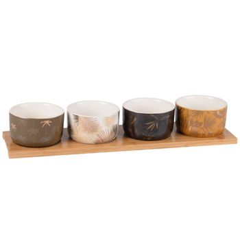 Bandeja de aperitivos de bambú con 4 cuencos de cerámica con estampado tropical