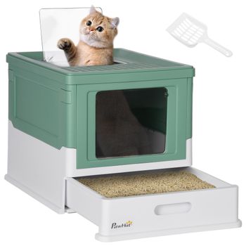 PawHut Caja de Arena Plegable para Gatos Arenero Cerrado con Bandeja Extraíble Pala 47,5x35,5x36,7 cm Verde Vibrante   Aosom España