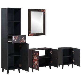 Juego De Muebles De Baño | Armario De Baño Con Cajón 4 Piezas Madera De Mango Maciza