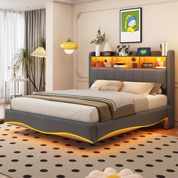Cama Doble Tapizada De Lino Con Almacenamiento, Luz Led, Puertos Usb Y Type-c, Gris 140x200