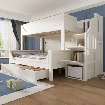 Literas 140x200 Cm + 90x200 Cm Con 2 Cajones Y 3 Puertas - Madera Maciza + Mdf - Para Niños - Blanco (sin Colchón)