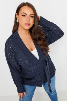 Yours Cárdigan De Punto Con Calados Azul Marino Con Cinturón, Mujer Curvy Y Tallas Grandes, Yours