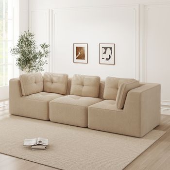 Sofá Rinconera Modular Beige De Tres Plazas, Pana Y Asiento Profundo De 74 Cm