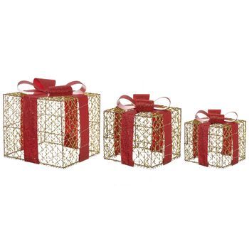 Conjunto De 3 Decoraciones Regalos De Navidad Con Luces Led Blancas Cálidas Acabado Brillante Con Lazos Para Interior Dorado Lyseren