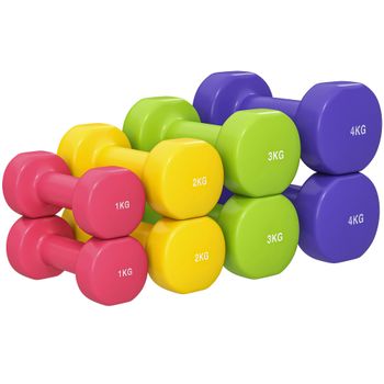 HOMCOM Juego de Mancuernas Hexagonales 8 Piezas 4 Pares 4 kg 3 kg 2 kg 1 kg con Revestimiento para Gimnasio en Casa Ejercicio Acero   Aosom España