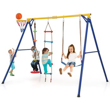 Costway Juego de Columpio 4 en 1 con Baloncesto Escalera Disco Cuerda y Asiento Estructura Metal para 3-10 Años Carga 300kg Interior Exterior Azul