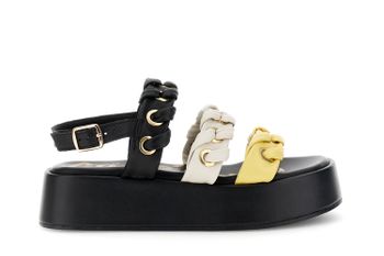 sandalias de 3 tiras en piel napa con ojales y enhebrado multi yellow