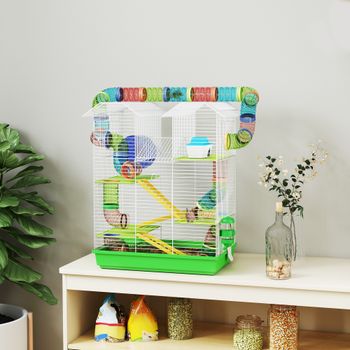 PawHut Jaula para Hámster de 5 Niveles 47x30x59 cm con Túnel Comedero Bebedero Casita Rueda de Ejercicio Escaleras Verde