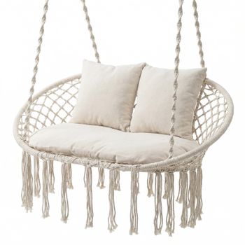 Costway Silla Hamaca Colgante 2 Plazas con Flecos Cojines Marco Metálico Bohemio Interior Exterior Patio Balcón Porche Carga 250kg Beige