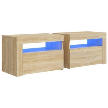 Juego De 2 Mesitas De Noche - Mesillas Con Luces Leds Roble Sonoma 60x35x40 Cm Mc6218