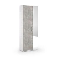 mueble de bano blanco polivalente con puerta efecto hormigon y espejo