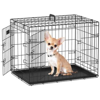 PawHut Jaula Transportín de Perro 2 Puertas de Alambre Plegable con Asa Acero Negro 76x46x52 cm   Aosom España