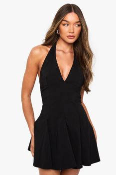 Bengaline Halterneck Pleated Skater Dress, Negro