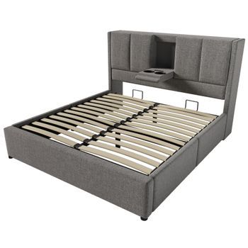 Cama Gris 140 X 200 Cm Con Almacenaje Hidráulico, 2 Portavasos, 3 Usb Y Usb-c
