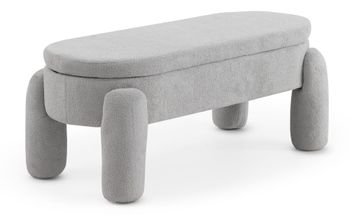 Banqueta-baul estructura y patas tapizadas en boucle gris claro