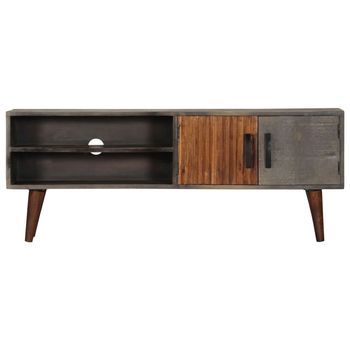 Mueble Tv | Mueble De Salón | Armario Tv Madera Maciza De Mango Rugosa Gris 130x30x46 Cm
