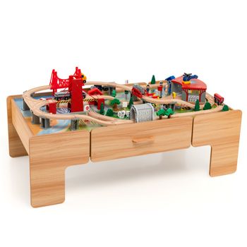 Costway Set de Tren y Mesa de Actividades 100 Piezas de Juguete de Madera para Niños 3+ Años con Tablero Reversible Cajón Juego Creativo de Tren