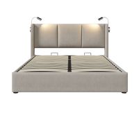 cama contenedor de piel sintetica de 140x200 cm - con luces de lectura y puertos de carga usb - con somier - beige