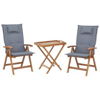 Conjunto De Comedor De Balcón En Madera De Acacia Oscura Con Sillas Ajustables Plegables Cojines Azules Java