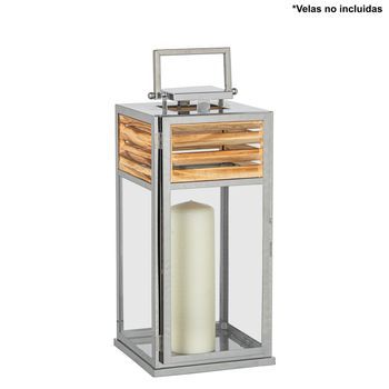 Farol Portavelas Cromado Madera