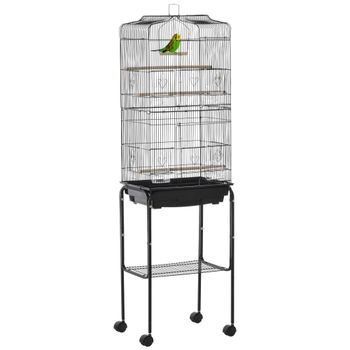 PawHut Jaula para Pájaros con Soporte 4 Ruedas y Comederos 46,5x36x157 cm Negro