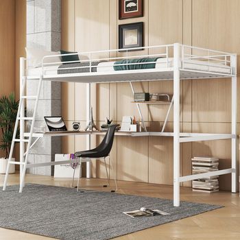 Cama Loft Metálica 90x200cm Con Escritorio En L Y Estante Para Niños Y Adultos, Blanco