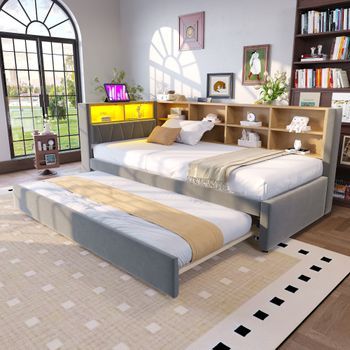 Cama Nido 90x200 Cm + 90x190 Cm Con Compartimentos, Sofá Cama - Tejido De Franela - Leds, Puertos Usb Y Tipo C - Gris Oscuro (sin Colchón)