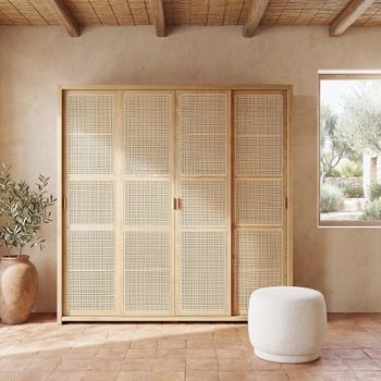 Armario de 195 cm de roble y ratán con 4 puertas correderas