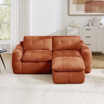 Sofá Modular De 2 Plazas En L, Naranja, Chenilla Y Otomana