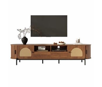 Mueble tv ovalado sin tamaño - rattan, puertas correderas, cajones, acabado efecto madera, patas metálicas, almacenamiento multifuncional - nogal
