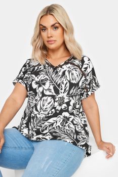Yours Top Negro Tropical De Algodón Con Pasamanería, Mujer Curvy Y Tallas Grandes, Yours