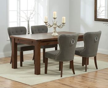 Normandy 150cm Dark Solid Oak Extending Dining Table with Knightsbridge Fabric Dark Oak Leg Chairs - Grey, 4 Chairs
