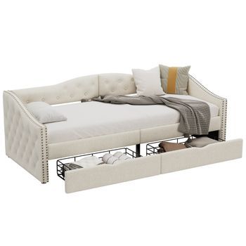 Cama Tapizada 90x200 Cm Con Cabecero Y 2 Cajones, Sofá Cama - Tejido De Lino Y Mdf - Beige (sin Colchón)