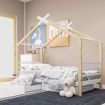 Cama Cabina 90 X 200 Cm Con 2 Cajones - Madera Maciza - Somier De Láminas - Blanco + Color Madera (sin Colchón)