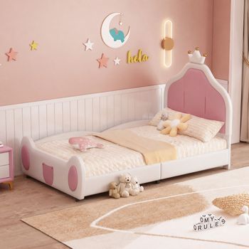 Cama Infantil Tapizada De 90 X 200 Cm Con Cabecero De Corona, Diseño Rosa Y Blanco